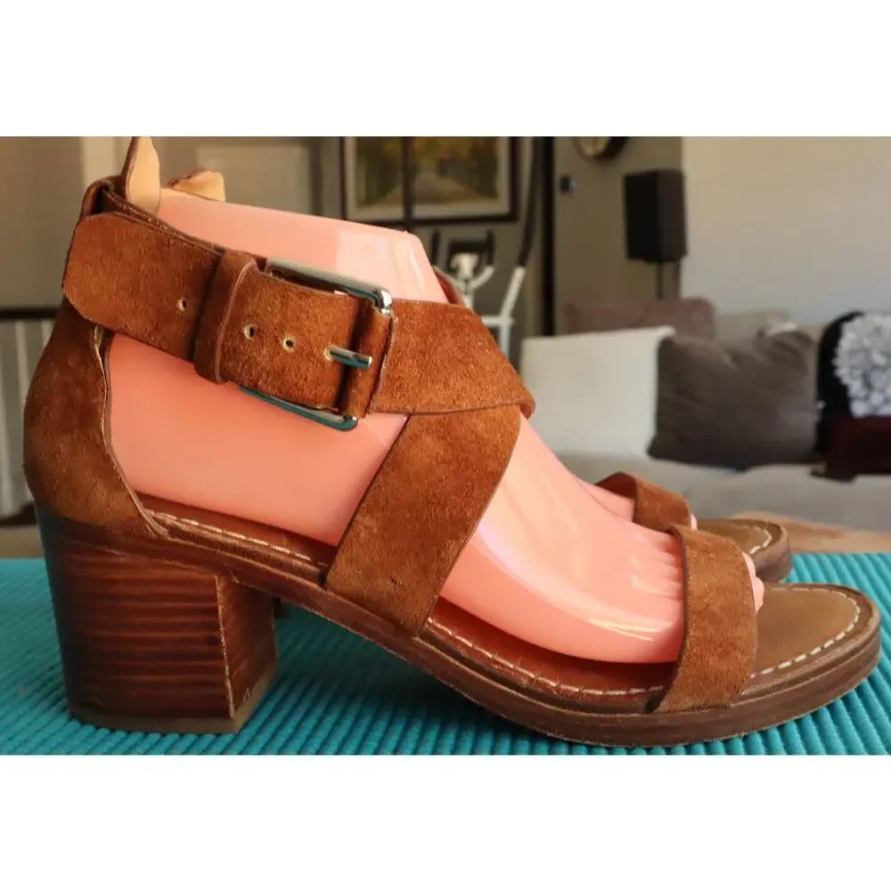 Belle Sigerson Morrison Tan Cognac Brown Suede Block Heel Sandal 8.5 B Boho Clog